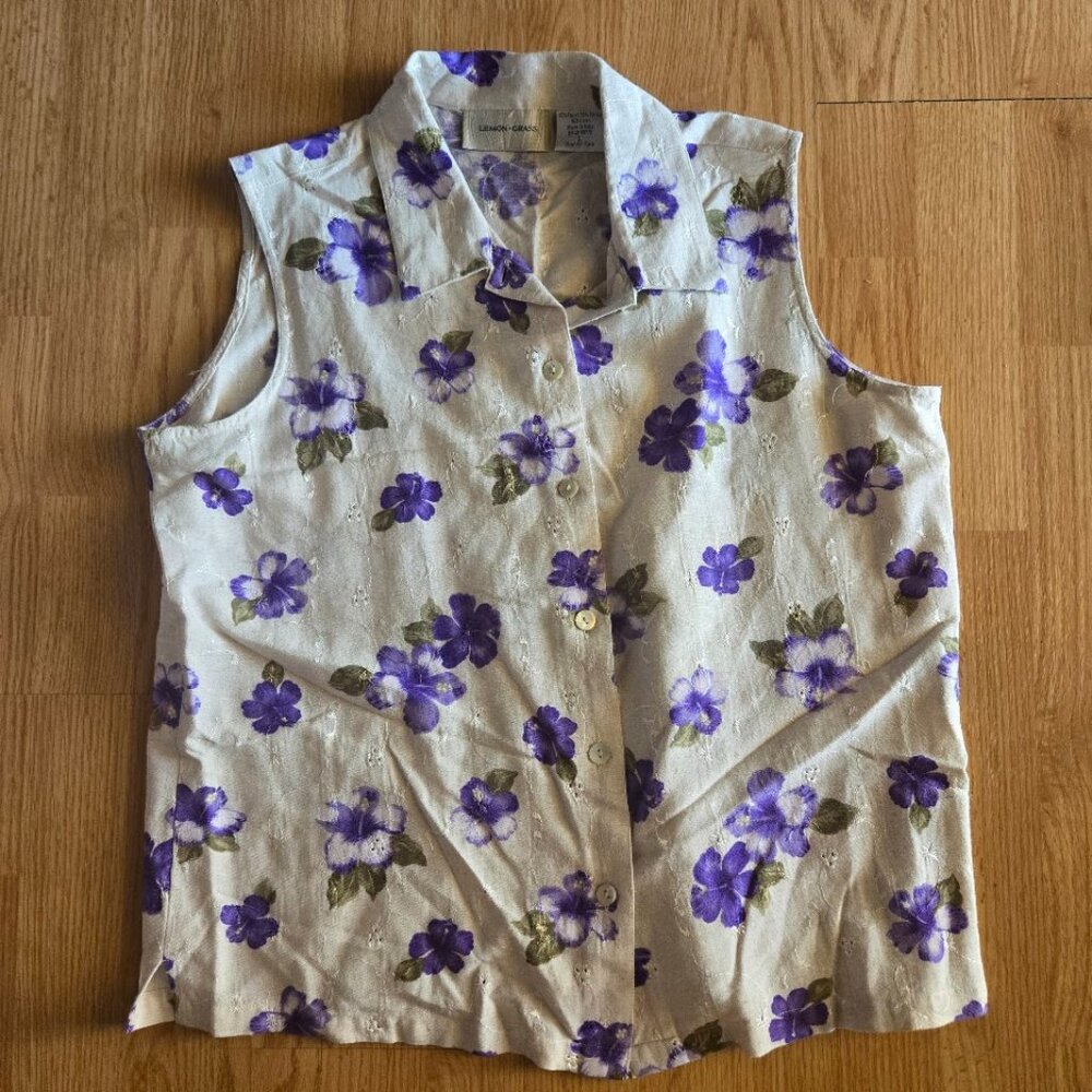 Lemon‎ Grass Floral Linen Blend Sleeveless Blouse Large